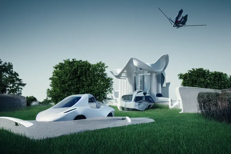 Image similar to a house in the future house, retrofuturim, lawn, trees, white picket fence, futuristic flying car parked on the landing pad, realistc octane render, depth of field, soft lighting, 8k