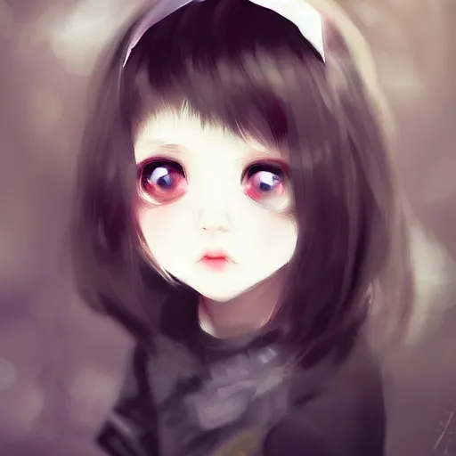 Image similar to a beautiful little girl by WLOP, pixiv, very white skin, sad black eyes, very black hair