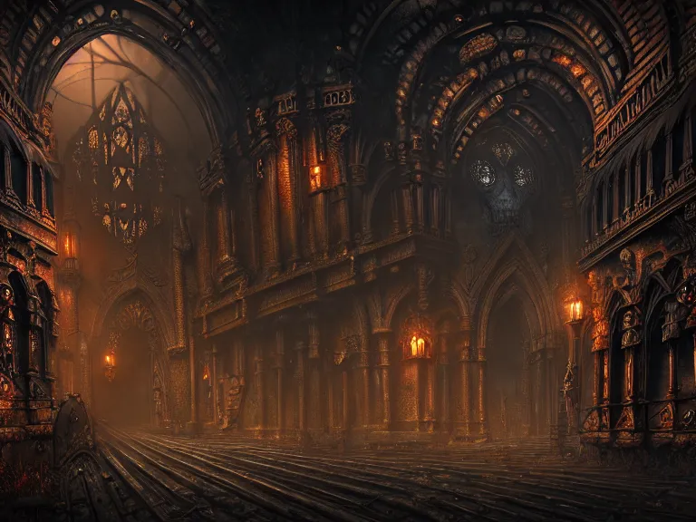 Image similar to steam necropolis, memento mori, gothic, neo - gothic, art nouveau, hyperdetailed copper patina medieval icon, stefan morrell, philippe druillet, ralph mcquarrie, concept art, steampunk, unreal engine, detailed intricate environment, octane render, moody atmospherics, volumetric lighting, ultrasharp, ominous, otherworldly