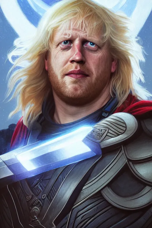 Image similar to Boris Johnson as Thor, realistic portrait, symmetrical, highly detailed, digital painting, artstation, concept art, smooth, sharp focus, illustration, cinematic lighting, art by artgerm and greg rutkowski and alphonse mucha