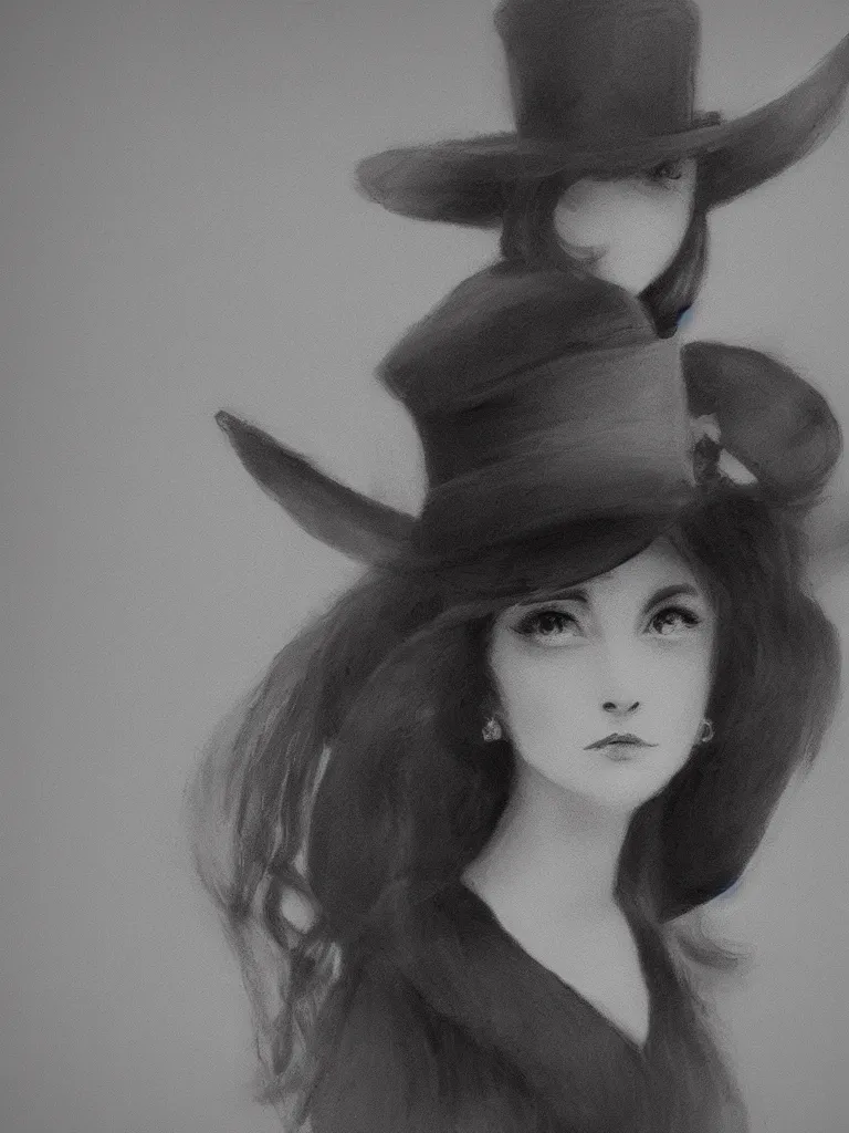 Image similar to Close up portrait of an elegant long haired lady wearing a gentleman suit and tophat in anime style, highly detailed, matte painting, noir, 70s, americana, photorealistic, ethereal ghostly atmosphere