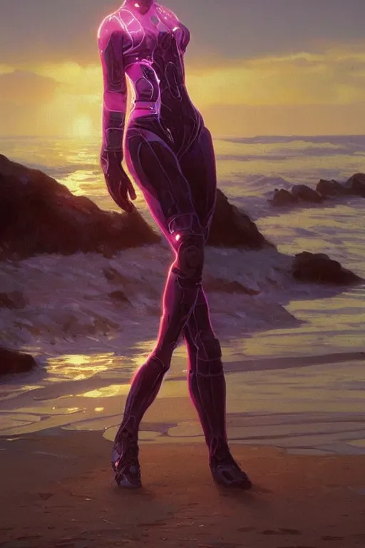 Image similar to vladimir putin robotic clothes in the beach purple sun, pink lighting ultra realistic photorealistic highly detailed high quality, a stunningly, digital painting, artstation, concept art, smooth, sharp focus, illustration, art by artgerm and greg rutkowski and alphonse mucha 8 k