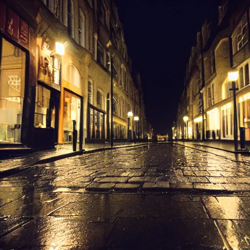 Prompt: photo, london cobblestone street at night, rain, 5 0 mm f / 1. 4, cinestill 8 0 0,