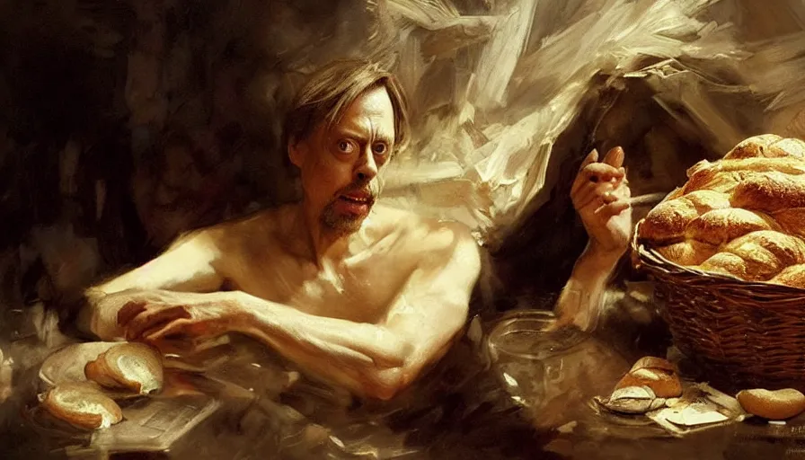Image similar to beautiful portrait of steve buscemi as a load of bread, art by anders zorn, wonderful masterpiece by greg rutkowski, beautiful cinematic light, american romanticism thomas lawrence, greg rutkowski