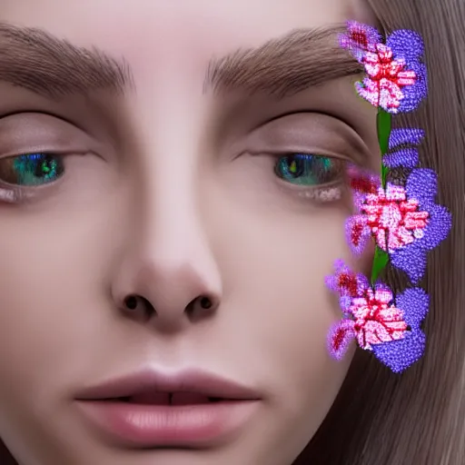 Image similar to female robot face with flower antennas