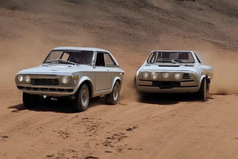 Image similar to designed by giorgetto giugiaro of a single 1 9 6 7 dakar rally pajero gto, race footage, speed, movie still from bladerunner 2 0 4 9