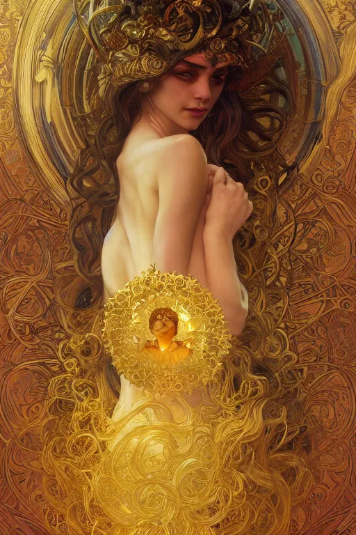 Image similar to god of sun, gold hair, gold eyes, tanned skin, fantasy, intricate, highly detailed, digital painting, artstation, concept art, smooth, sharp focus, art by art by Artem Demura and Alphonse Mucha, ArtGerm, valentina remenar, ruan jia