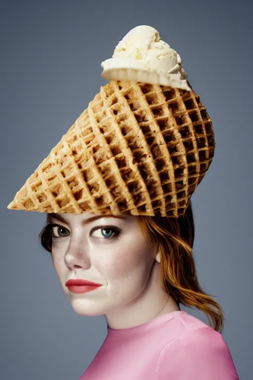 Prompt: 📷 emma stone the ice - cream cone 🍦, made of food, head portrait, dynamic lighting, 4 k