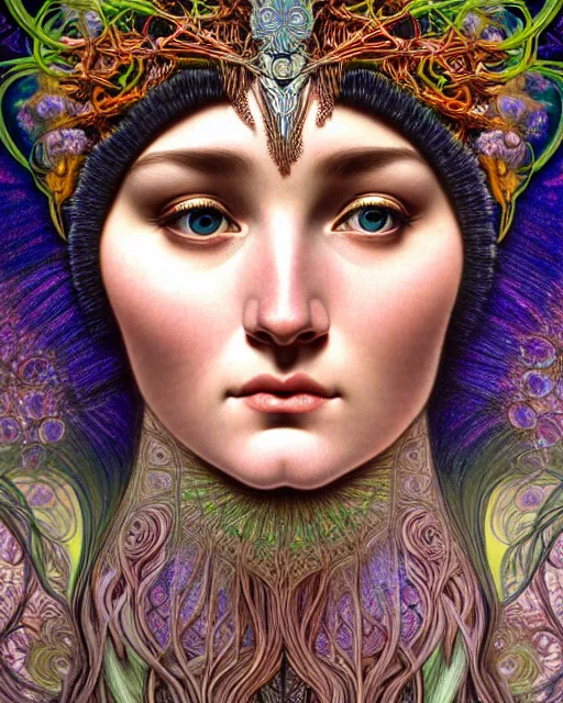 Image similar to hyperrealistic detailed face portrait of the beautiful goddess of the northern lights with an intricate headgear of a beautiful landscape, art by ernst haeckel, john william godward, android jones, alphonso mucha, h. r. giger, gothic - cyberpunk, ornamental, beautiful deep colours,