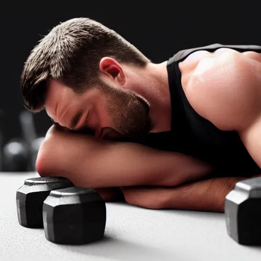 Prompt: A guy is laying his head on a dumbbell , sleeping, cinematic lightening, high quality, 8k , octane render