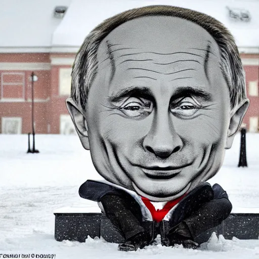 Image similar to caricature of Vladimir Putin alone and depressed in the snow, detailed,