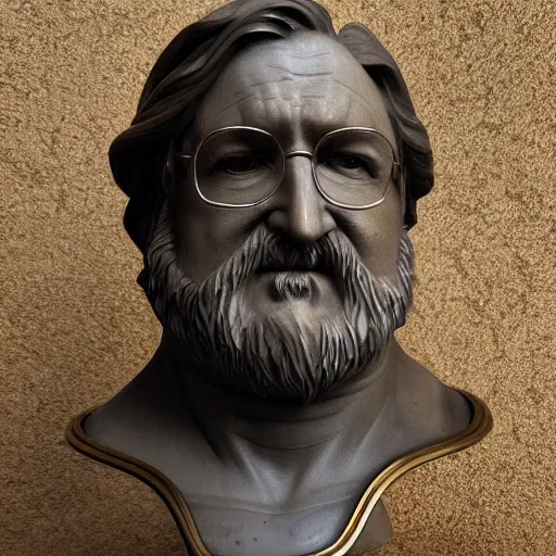 Prompt: beautiful lifelike award winning marble statue bust of gabe newell trending on art station artgerm greg rutkowski alphonse mucha museum quality cinematic atmospheric