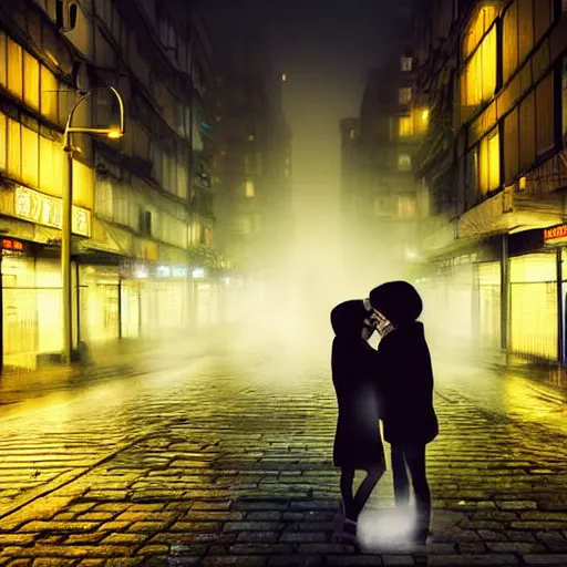 Prompt: hugging the love of your life in the rain in the streets of a modern chinese city at night, high quality digital art, dreamy fog