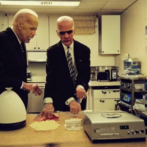Prompt: “Very photorealistic screenshot of Joe Biden and Walter White cooking drugs in an episode of Breaking Bad, atmospheric lighting, award-winning”