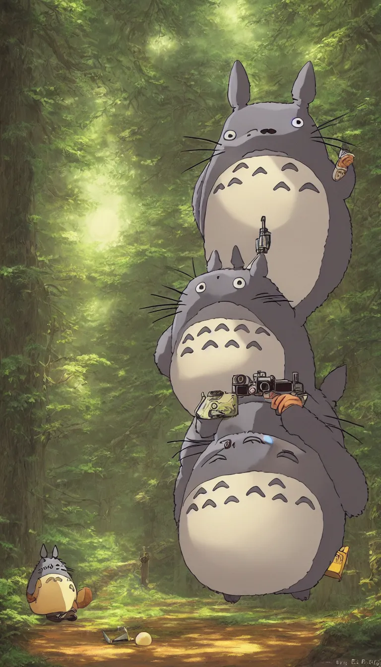 Image similar to illustration of totoro holding a large film camera, studio ghibli, pixar, high detail, award-winning, forest, digital painting, concept art, by Evgeny Lushpin