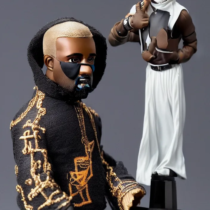 Image similar to a hot toys figure of kanye west using a black religious - themed face - covering mask with jesus graphics designed by pierre - louis auvray made of cloth, a black shirt, a blue puff undersized round jacket and black rubber boots, figurine, detailed product photo