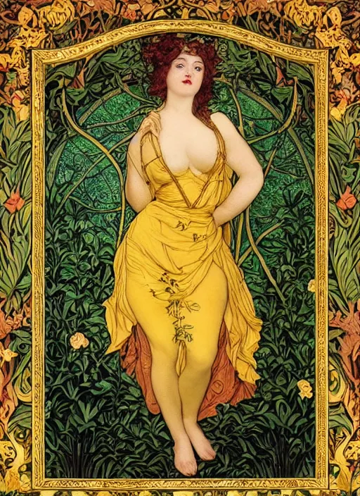 Image similar to masterpiece beautiful seductive flowing curves pinup pose preraphaelite face portrait photography, extreme closeup shot, straight bangs, thick set features, yellow ochre ornate medieval dress, amongst foliage mushroom forest arch, circle, william morris and kilian eng and mucha, framed, 4 k