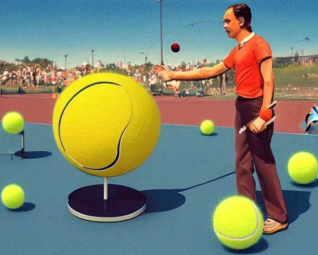 Prompt: an alternate universe where people worship giant tennis balls as gods, retro-futurism