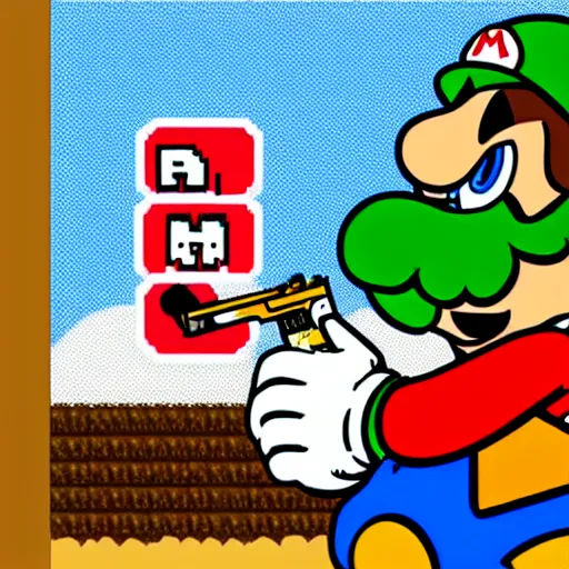 Image similar to super mario with a shotgun