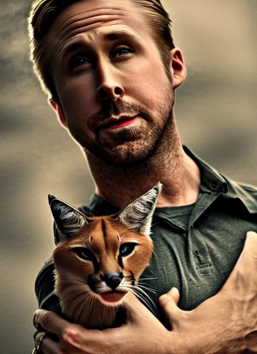 Image similar to Ryan Gosling holds a caracal cat in his hands, ultra highly detailed, smooth, sharp focus, elegant, artstation