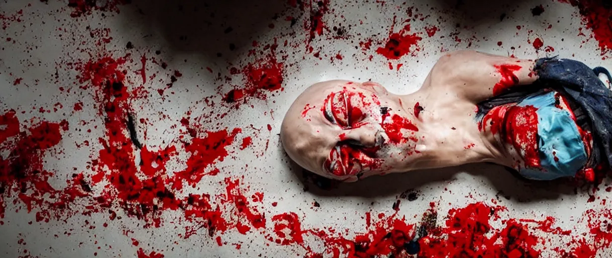 Image similar to filmic dutch angle movie still 4k UHD 35mm film color photograph of a freshly severed head with a pained expression, wearing a surgical mask , head is sideways on the floor soaked in blood, in the style of an extreme grotesque splatter horror movie