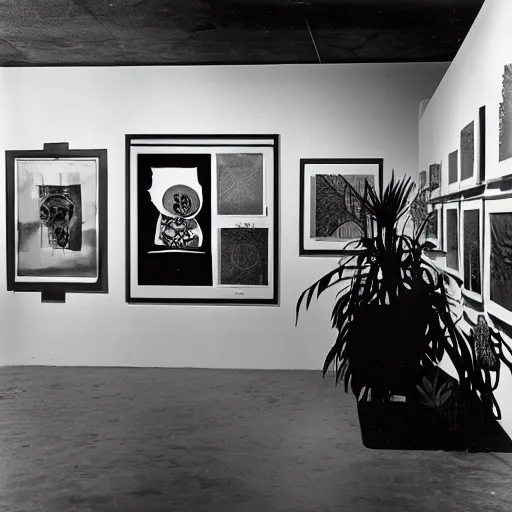 Image similar to A black and white photography in serigraphy of an exhibition space with works of Sun Ra, Marcel Duchamp and tropical plants, 60s, Modern Art