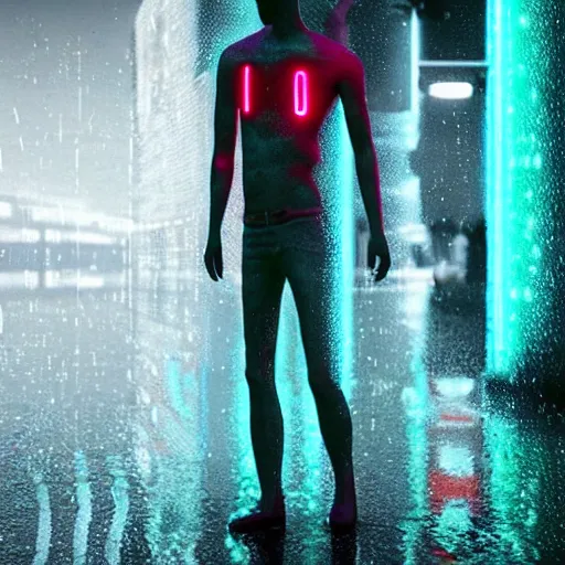 Image similar to a human made out of rain, neon, rendered in octane, unreal engine, highly detailed, realistic, beautiful, emotional