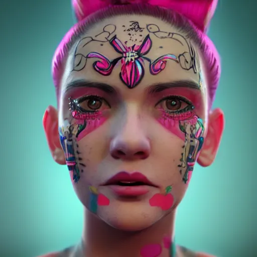 Image similar to An octane 3d render of a girl with pink pigtails, and face tattoos, 8d, HD, hyper detailed, intricate details, photorealistic, dynamic lighting, stunning visuals, creative, trending on art station,