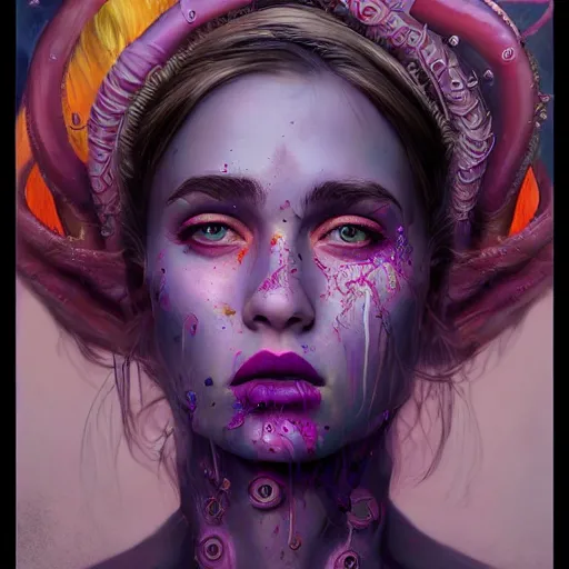 Image similar to art portrait of a furious girl with purple tentacles on her head, 8 k, by tristan eaton, stanley artgermm, tom bagshaw, greg rutkowski, carne griffiths, trending on deviantart, face enhance, hyper detailed, full of colour,