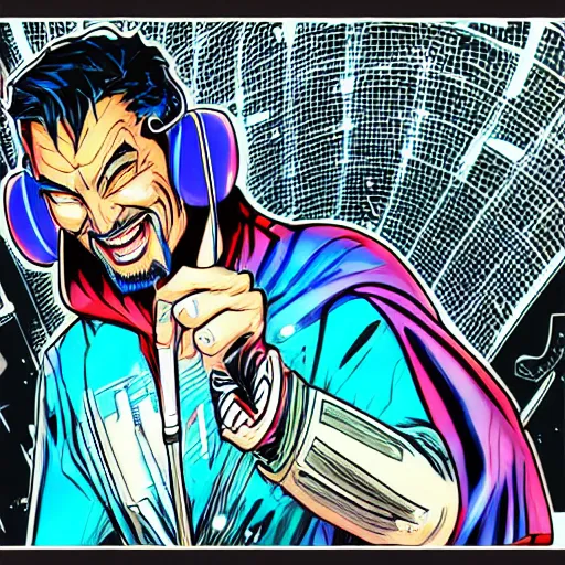 Image similar to artgerm, psychedelic laughing cybertronic dr. strange, rocking out, headphones dj rave, digital artwork, r. crumb, svg vector