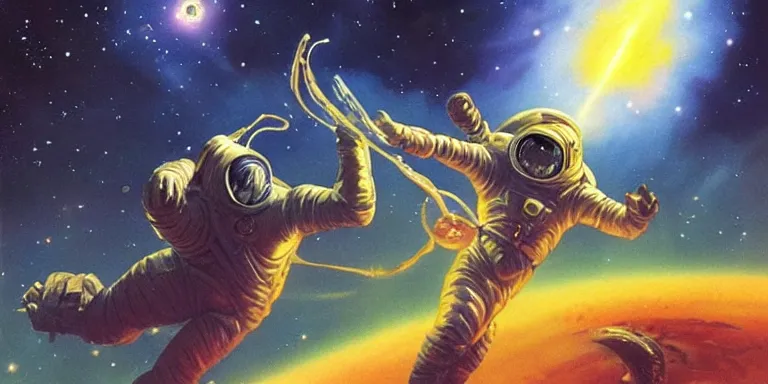 Prompt: an astronaut fights a space god, night scene, concept art by boris vallejo and michael whelan