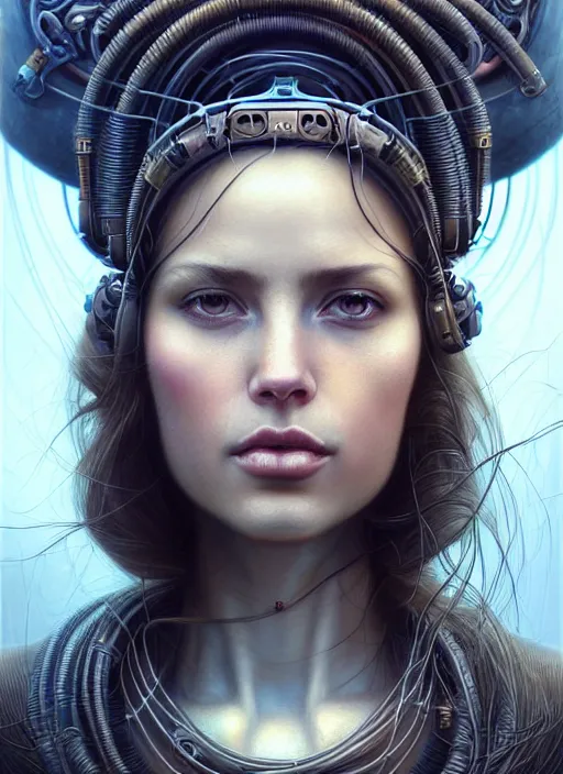 Image similar to closeup portrait shot of beautiful girl in a scenic dystopian environment, intricate, elegant, highly detailed, tubes and cables, centered, digital painting, artstation, concept art, smooth, sharp focus, illustration, artgerm, tomasz alen kopera, peter mohrbacher, donato giancola, joseph christian leyendecker, wlop, boris vallejo