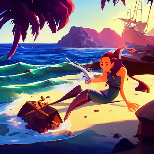 Image similar to painting mermaid treasure on sea of thieves game avatar hero smooth face median photoshop filter cutout vector, behance hd by jesper ejsing, by rhads, makoto shinkai and lois van baarle, ilya kuvshinov, rossdraws global illumination