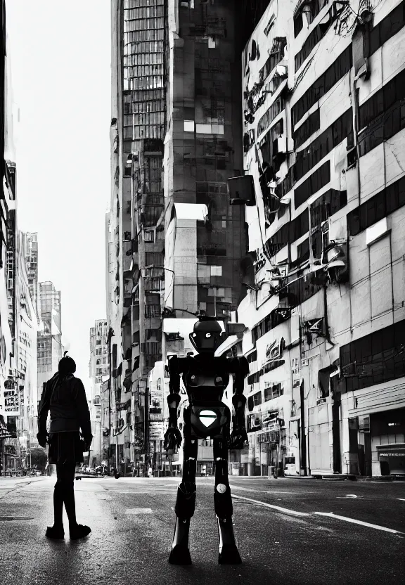 Image similar to a sad photograph two evil robots point each other, large shot, wide shot, in a street, cyberpunk photo,