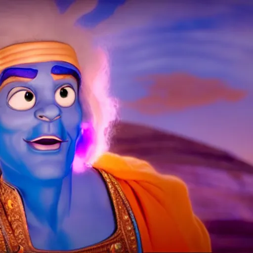 Image similar to doc brown as genie with blue skin in the movie aladdin, movie still 8 k hdr atmospheric lighting