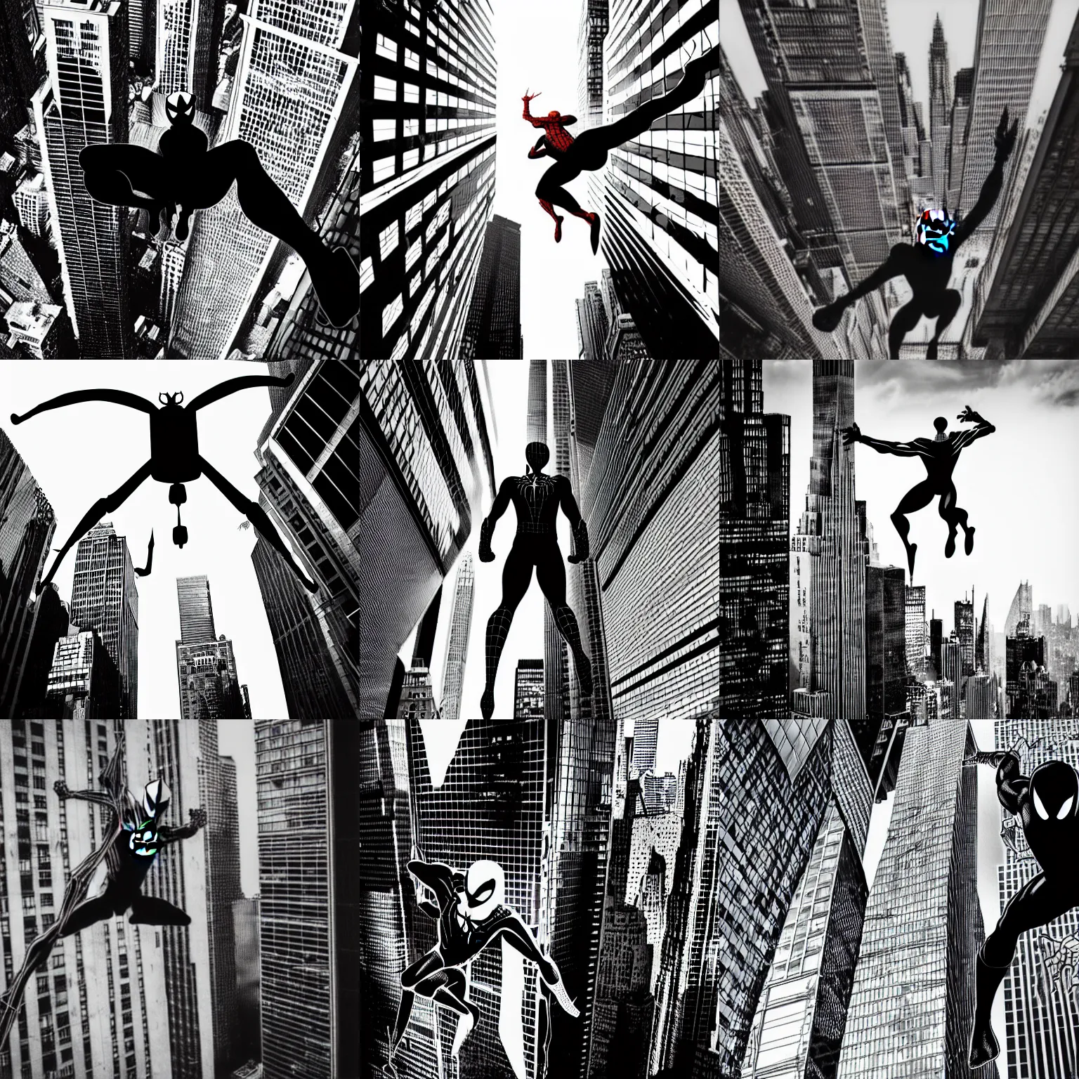 Prompt: black and white spider - man in a torn suit flies between huge skyscrapers by tsutomu nihei, black and white, comic, cinematic, no color, detalized new york background