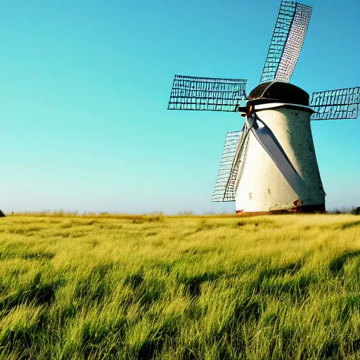 Prompt: grassland huge blue sky windmill wallpaper 4K landscape HD