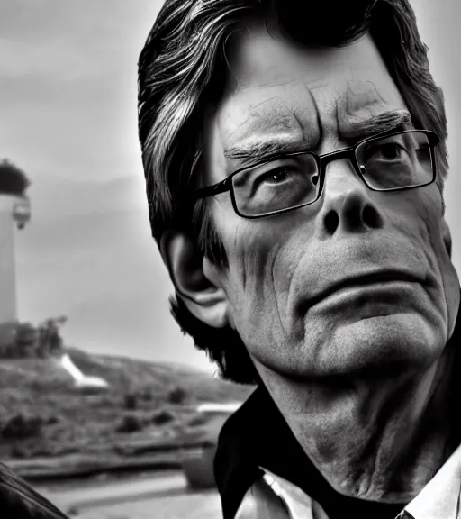 Prompt: hd pro telephoto photo portrait of stephen king standing in front of darktower dramatic Leica Zeiss cinematic noir trending on Flickr artstation