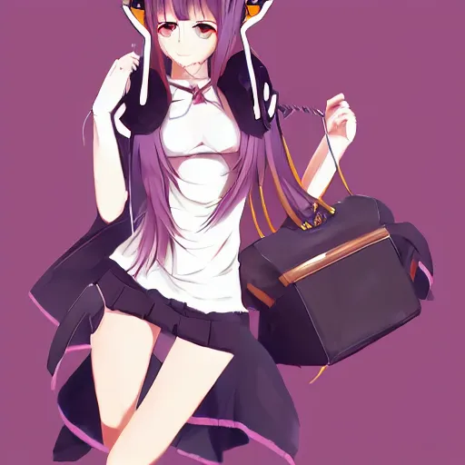 Image similar to adulg female anime character with cat ears holding a bag, digital artwork, in the style of krenz cushart