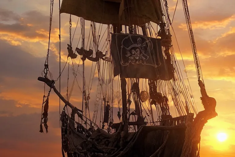 Image similar to captain jack sparrow sailing into the sunset on a pirate ship