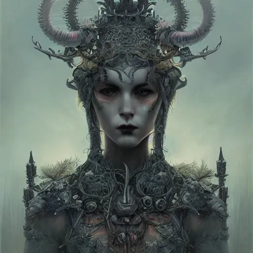 Prompt: curiosities soft paint of a single beautiful warrior in full gothic armor, stunning photorealist eyes, symmetry accurate features, eyeballs, vegetation tentacles, dense volumetric fog, focus, very intricate ultrafine details, gloomy colors, award winning masterpiece, tom bagshaw artstyle