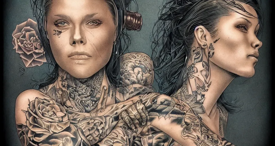 Image similar to a beautiful portrait of a woman with many tattoos, Travis Charest style