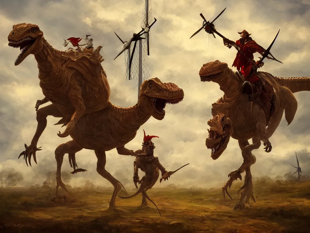 Image similar to portrait of a don quixote riding a dinosaur attacks a windmill, digital art, highly detailed, stunning scene, 4 k, realism, bright colors, trending on artstation