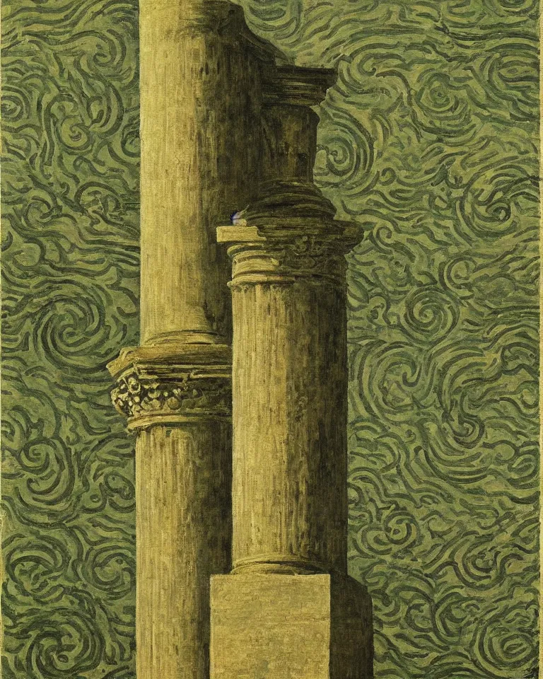 Image similar to achingly beautiful painting of intricate ancient roman corinthian capital on olive drab background by rene magritte, monet, and turner. giovanni battista piranesi.