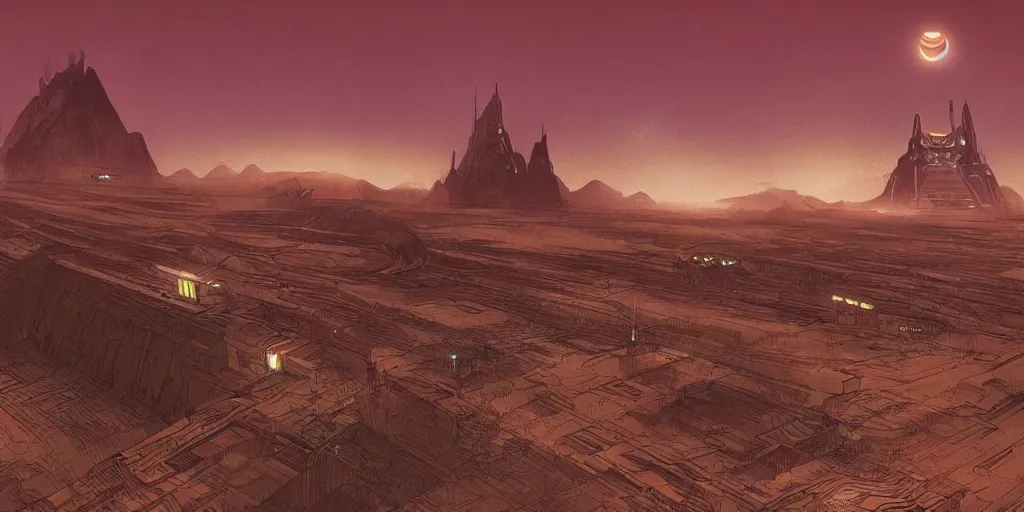 Image similar to dune city and temples of arrakis, arrakeen, from frank herbert novels, composition idea concept art for movies, style of denis villeneuve and greg fraiser