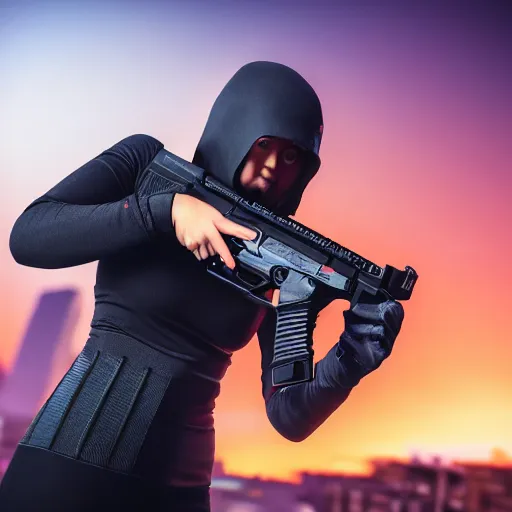 Image similar to photographic portrait of a techwear woman holding a Glock 18, closeup, on the rooftop of a futuristic city at night, sigma 85mm f/1.4, 4k, depth of field, high resolution, full color, two coherent arms