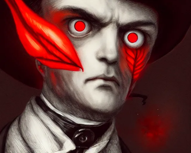 Image similar to closeup profile portrait of jack the ripper with glowing red eyes and bat wings, nicoletta ceccoli, mark ryden, lostfish, max fleischer, hyper realistic, artstation, illustration, digital paint, matte paint, vivid colors, bright, cheerful, detailed and intricate environment