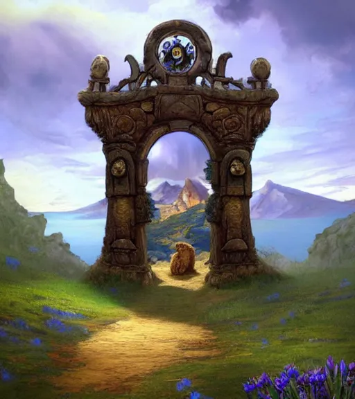 Image similar to A giant medieval fantasy blue energy portal gate with a rusty gold carved lion face at the center of it, the portal takes you to another world, full of colorful flowers on the lost Vibes and mountains in the background, spring, delicate fog, sea breeze rises in the air, by andreas rocha and john howe, and Martin Johnson Heade, featured on artstation, featured on behance, golden ratio, ultrawide angle, f32, well composed, rule of thirds, center spotlight, low angle view-W 1024