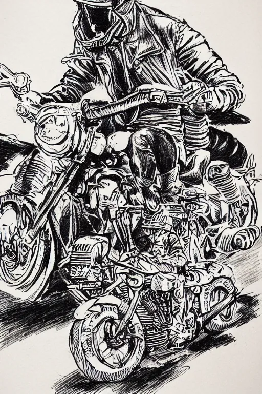 Image similar to hells angel biker riding through a burning street, intricate ink drawing, highly detailed in the style of jamie hewlett