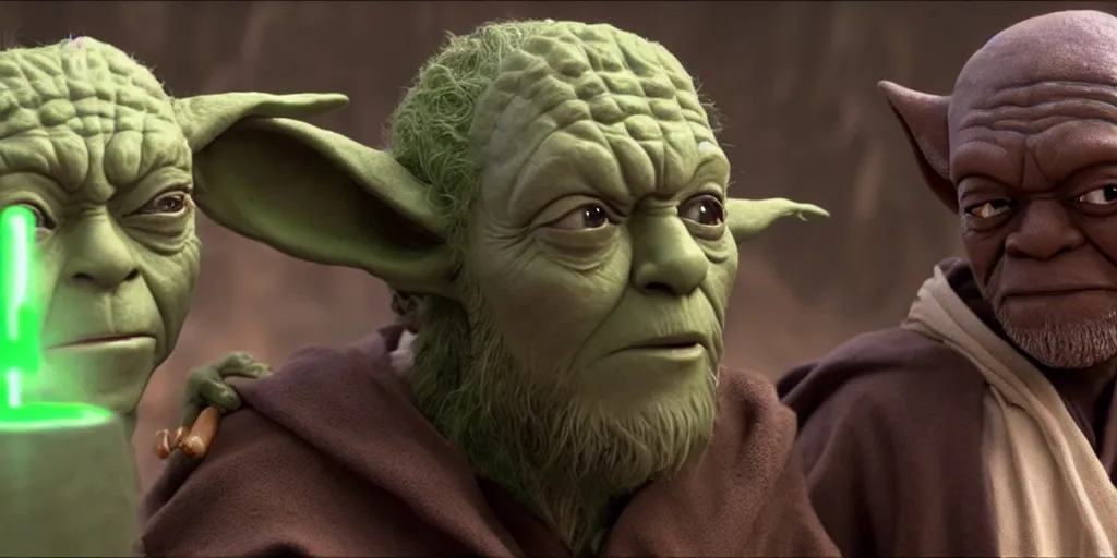 Prompt: obi - wan kenobi disney plus show season 2, jedi master yoda puppet from 1 9 8 0 s empire strikes back, hanging out with old mace windu on dagobah played samuel l jackson ultra realistic faces, 4 k, movie still, uhd, sharp, detailed, cinematic, render, modern